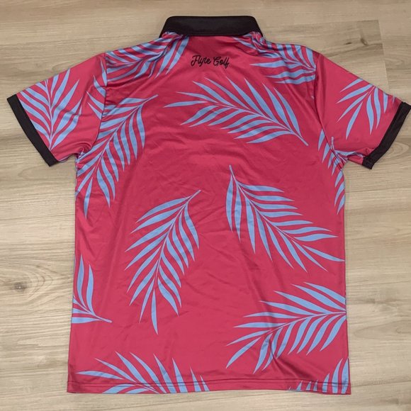Flyte Golf Men's Medium Polo/Golf Shirt Fusia Colour with Palm Leaves Design - Picture 2 of 5
